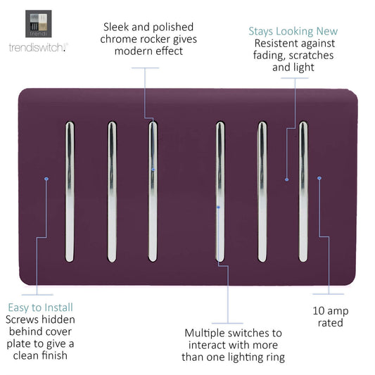 Trendi Artistic Modern Glossy 6 Gang 2 Way Rocker Double Plate Tactile Light Switch Plum