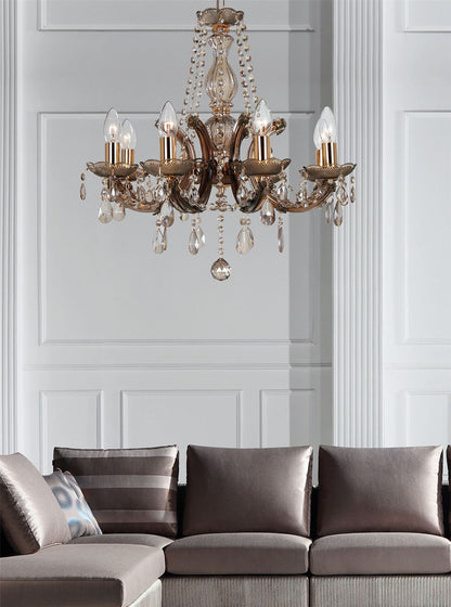 Deco Gabrielle Chandelier with Acrylic Sconce & Glass Droplets 8 Light E14 Mink Finish