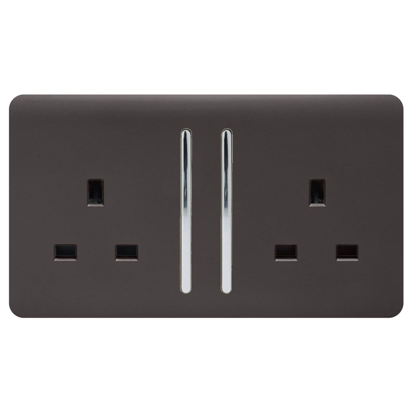 Trendi 2 Gang Raised Artistic Modern Glossy Screwless 13 Amp Single Pole with Chrome Switched UK Standard Electrical Double Wall Plug Socket in Dark Mocha Brown - ART-SKT213LDB