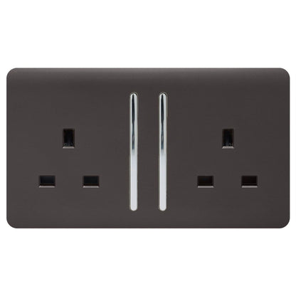 Trendi 2 Gang Raised Artistic Modern Glossy Screwless 13 Amp Single Pole with Chrome Switched UK Standard Electrical Double Wall Plug Socket in Dark Mocha Brown - ART-SKT213LDB