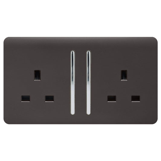 Trendi 2 Gang Raised Artistic Modern Glossy Screwless 13 Amp Single Pole with Chrome Switched UK Standard Electrical Double Wall Plug Socket in Dark Mocha Brown - ART-SKT213LDB