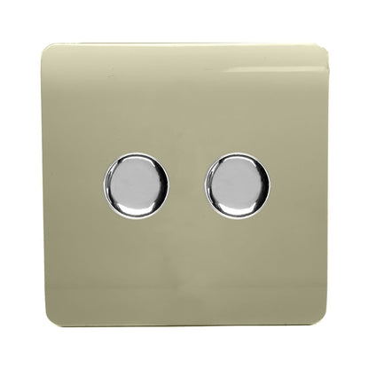 Trendi 2 Gang 2 Way 240V 100w LED Dimmer Screwless Raised Front Plate Plastic Artistic Modern Glossy 10 Amp Chrome Single Electrical Wall Light Switch in Champagne Gold - ART-2LDMGO