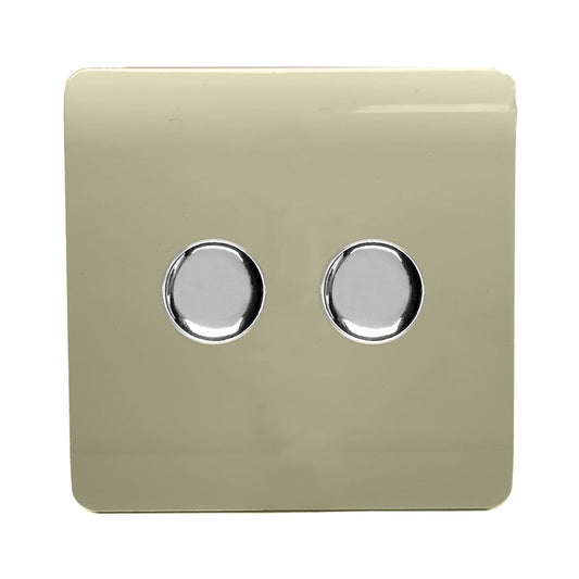 Trendi 2 Gang 2 Way 240V 100w LED Dimmer Screwless Raised Front Plate Plastic Artistic Modern Glossy 10 Amp Chrome Single Electrical Wall Light Switch in Champagne Gold - ART-2LDMGO