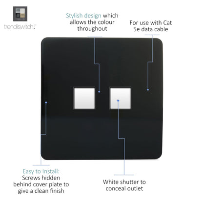 Trendi Modern 2 Gang RJ45 Cat 5e & Cat 6 PC Ethernet Socket Black ART-2PCBL