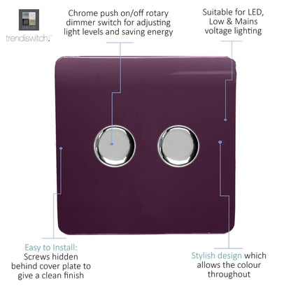 Trendi 2 Gang 2 Way 240V 100w LED Dimmer Screwless Raised Front Plate Plastic Artistic Modern Glossy 10 Amp Chrome Single Electrical Wall Light Switch in Plum - ART-2LDMPL