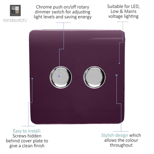 Trendi 2 Gang 2 Way 240V 100w LED Dimmer Screwless Raised Front Plate Plastic Artistic Modern Glossy 10 Amp Chrome Single Electrical Wall Light Switch in Plum - ART-2LDMPL