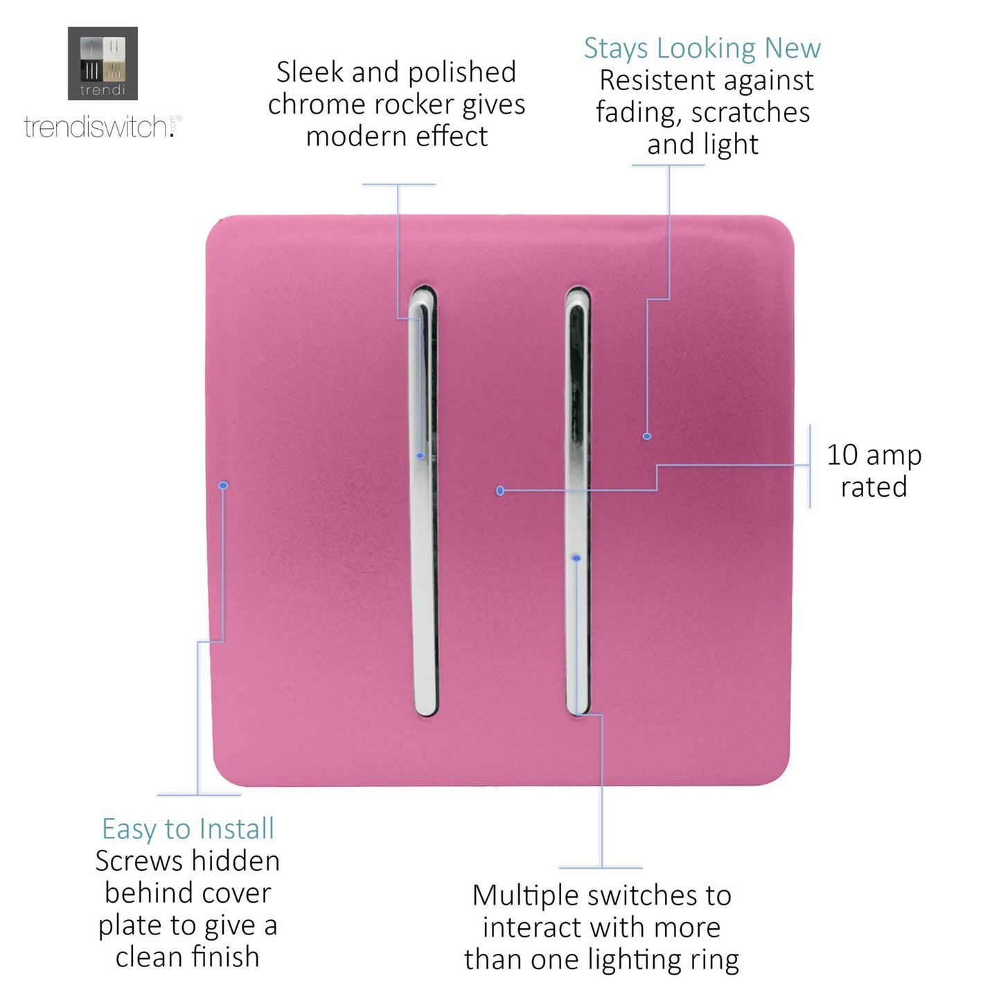 Trendi 2 Gang 2 Way 240V Screwless Artistic Modern Glossy 10 Amp Chrome Rocker Electrical Wall Light Switch in Candy Pink (2 pack)