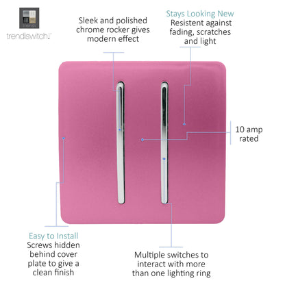 Trendi 2 Gang 2 Way 240V Screwless Artistic Modern Glossy 10 Amp Chrome Rocker Electrical Wall Light Switch in Candy Pink (2 pack)