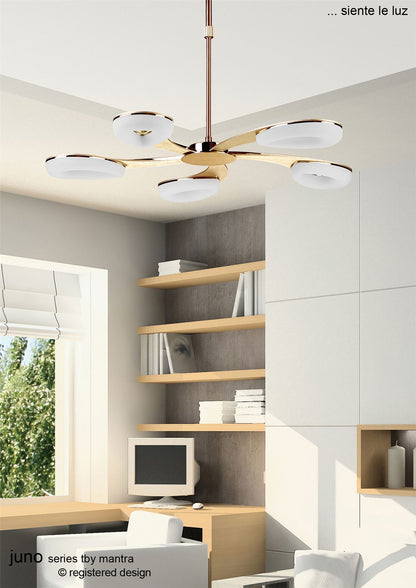 Mantra Fusion Juno 65cm Telescopic 5 Light 30W LED 3000K, 2700lm, Satin Gold/Frosted Acrylic/Gold, 3yrs Warranty