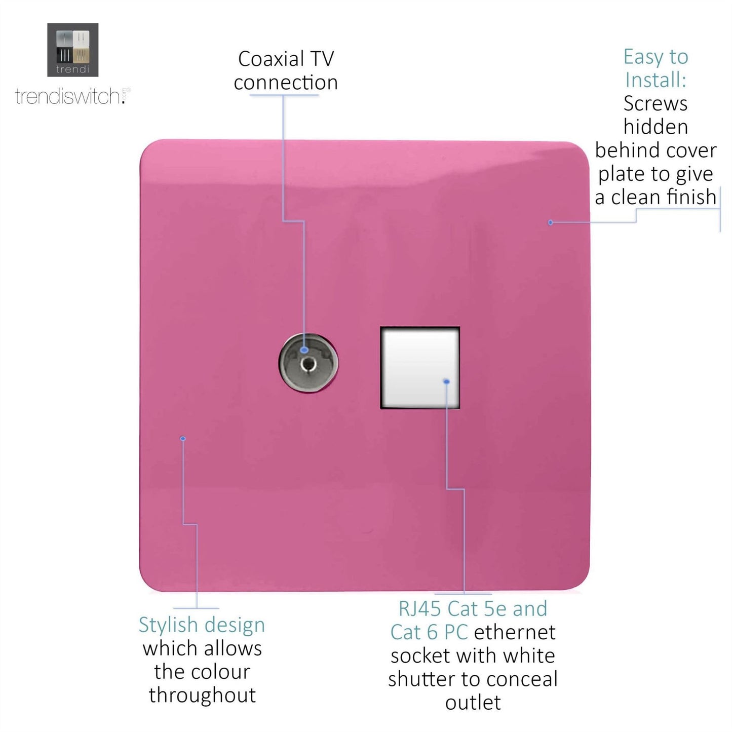 Trendi Modern Glossy Tactile TV Co-axial Socket+RJ45 Cat 5e&Cat 6 PC Ethernet Socket Pink