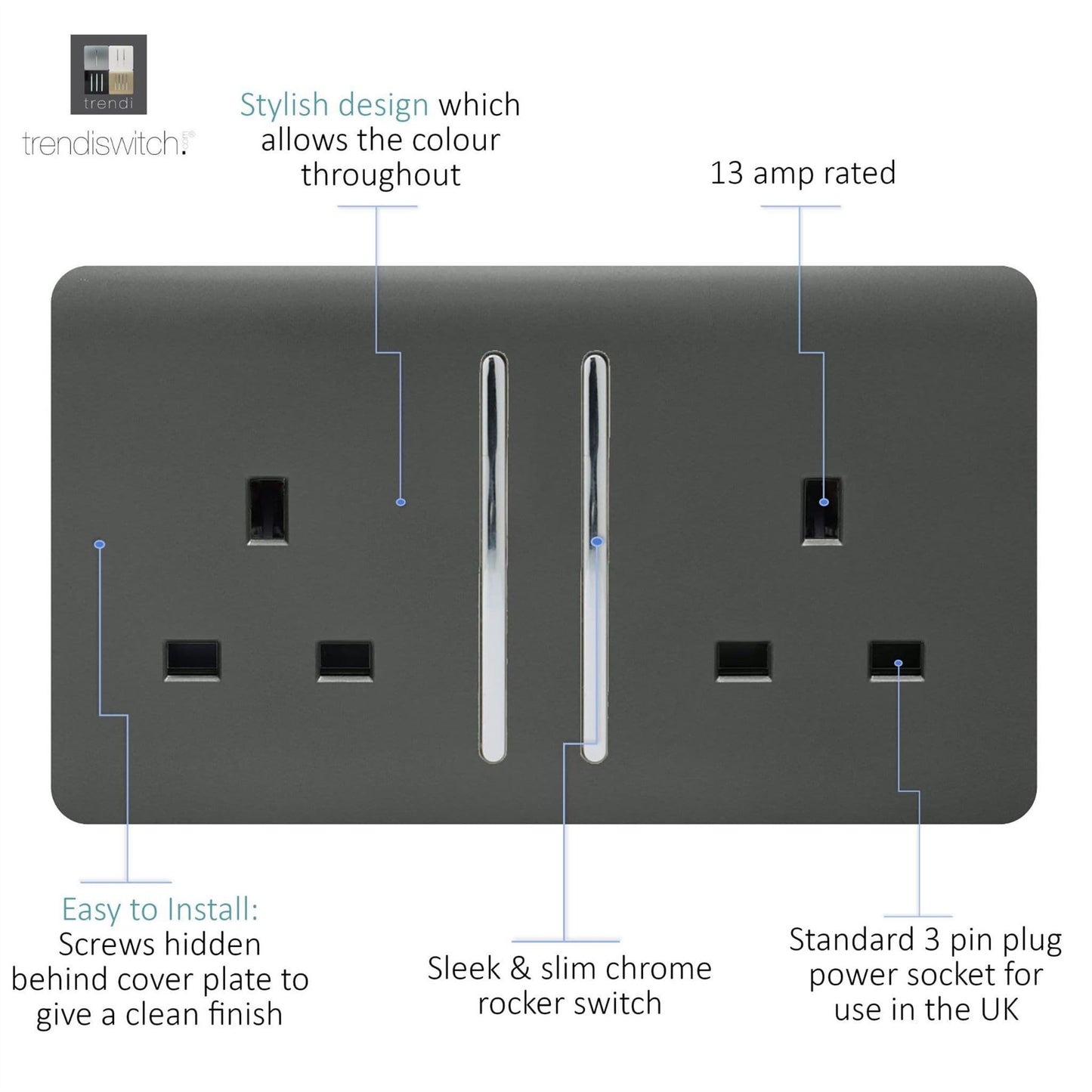 Trendi 2 Gang Raised Artistic Modern Glossy Screwless 13 Amp Single Pole with Chrome Switched UK Standard Electrical Double Wall Plug Socket in Charcoal Grey - ART-SKT213LCH