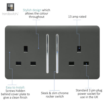 Trendi 2 Gang Raised Artistic Modern Glossy Screwless 13 Amp Single Pole with Chrome Switched UK Standard Electrical Double Wall Plug Socket in Charcoal Grey - ART-SKT213LCH