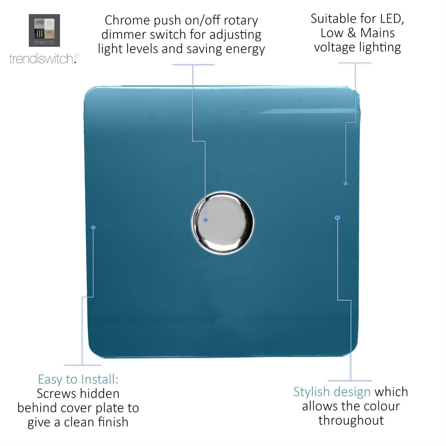 Trendi 1 Gang 2 Way 240V 100w LED Dimmer Screwless Raised Front Plate Plastic Artistic Modern Glossy 10 Amp Chrome Single Electrical Wall Light Switch in Ocean Blue - ART-LDMOB