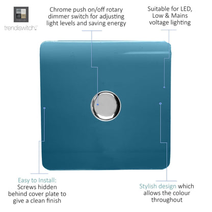 Trendi 1 Gang 2 Way 240V 100w LED Dimmer Screwless Raised Front Plate Plastic Artistic Modern Glossy 10 Amp Chrome Single Electrical Wall Light Switch in Ocean Blue - ART-LDMOB