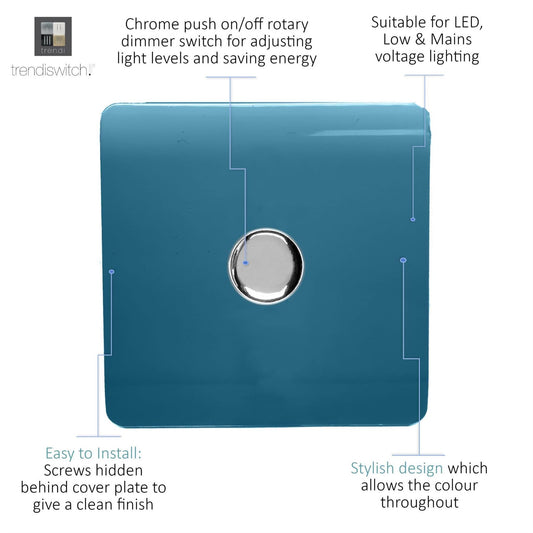 Trendi 1 Gang 2 Way 240V 100w LED Dimmer Screwless Raised Front Plate Plastic Artistic Modern Glossy 10 Amp Chrome Single Electrical Wall Light Switch in Ocean Blue - ART-LDMOB