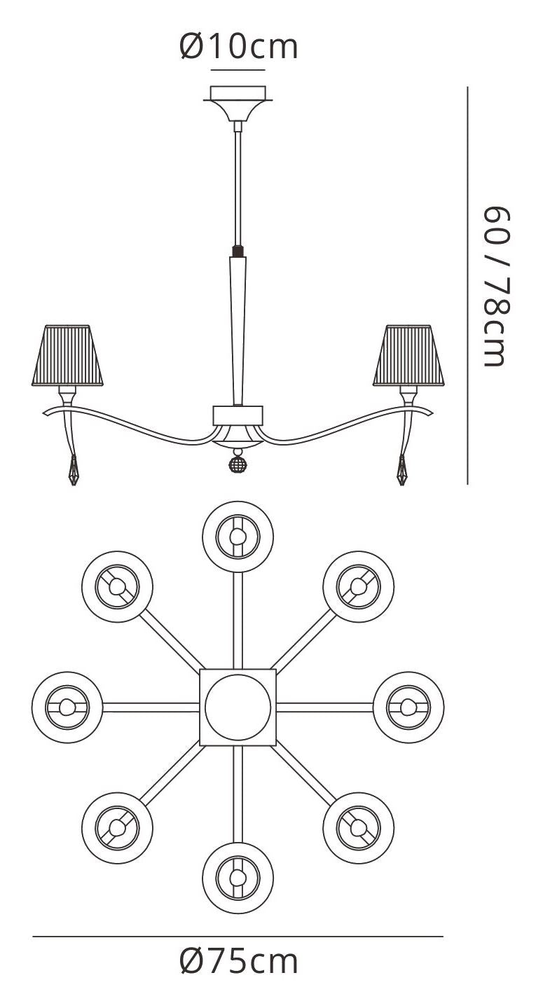 Mantra Siena 75cm Pendant Round 8 Light E14, Antique Brass with Amber Cream Shades and Amber Crystal
