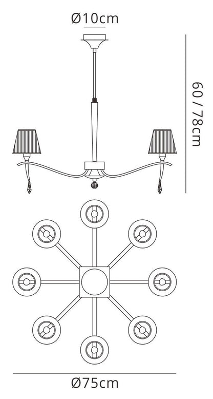 Mantra Siena 75cm Pendant Round 8 Light E14, Antique Brass with Amber Cream Shades and Amber Crystal