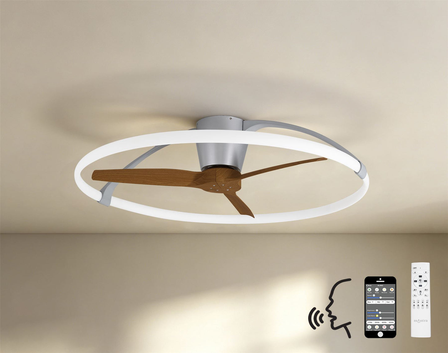 Nepal 105cm 75W LED Dimmable Light With Built-In 35W DC Reversible Fan, Silver/Wood Finish c/w Remote, APP & Alexa/Google Voice Control, 7200lm