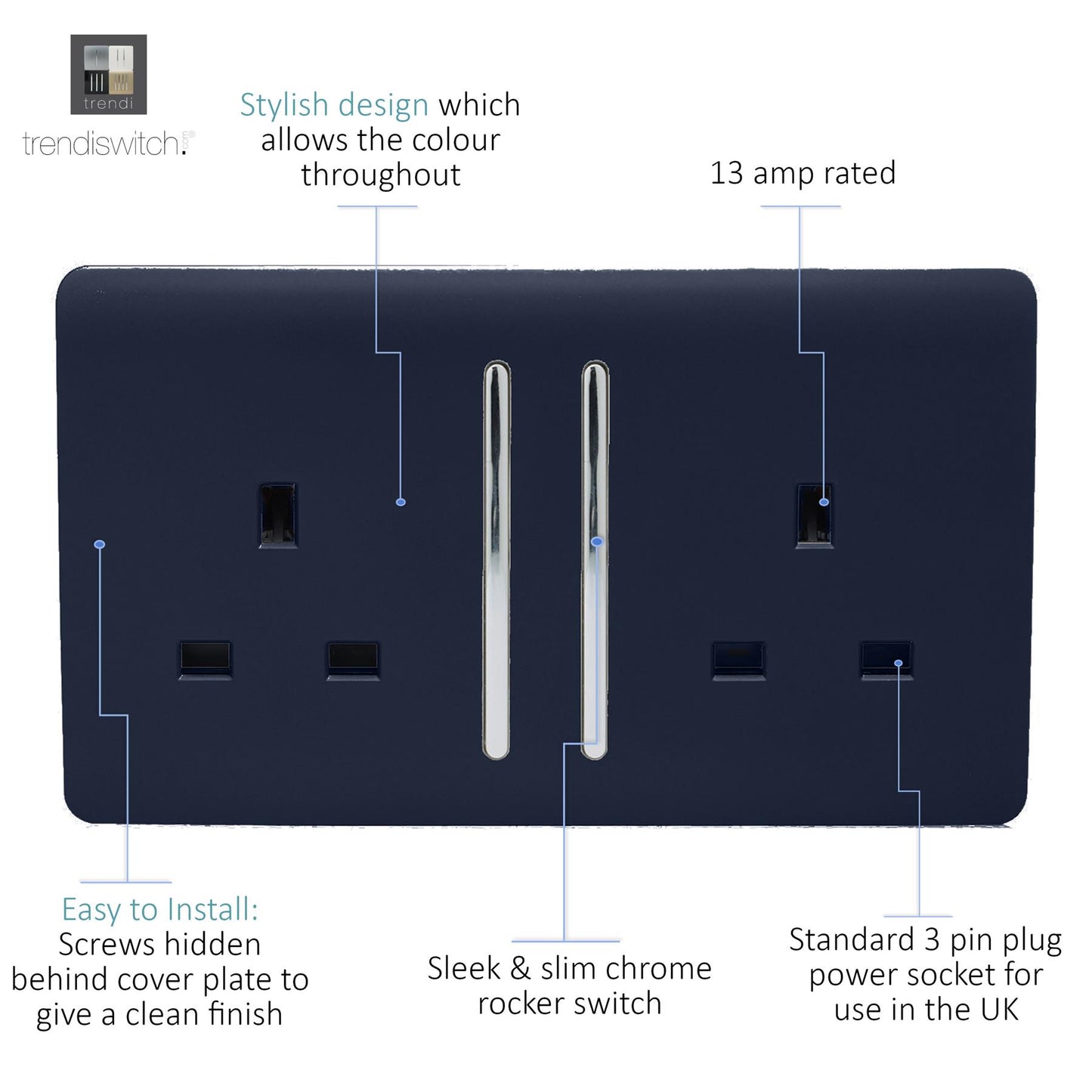 Trendi 2 Gang Artistic Modern Glossy 13 Amp Switched Tactile Plug Socket Navy (3 Pack)