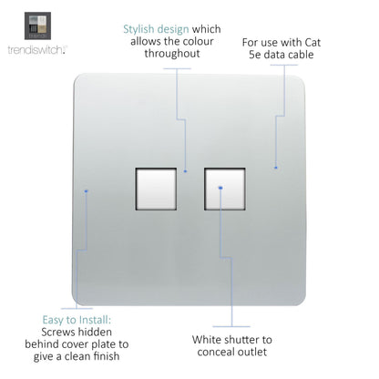 Trendi Modern 2 Gang RJ45 Cat 5e & Cat 6 PC Ethernet Socket Silver ART-2PCSI