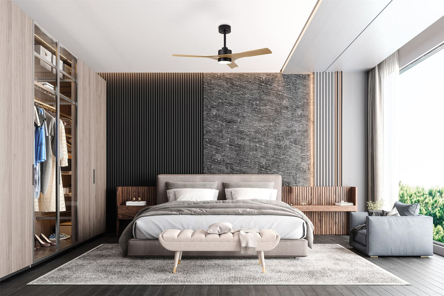 Thai 122cm 30W LED Dimmable Ceiling Light With Built-In 35W DC Fan, 2700-5000K Remote & APP Control, 2400lm, Black/Wood, 5yrs Warranty