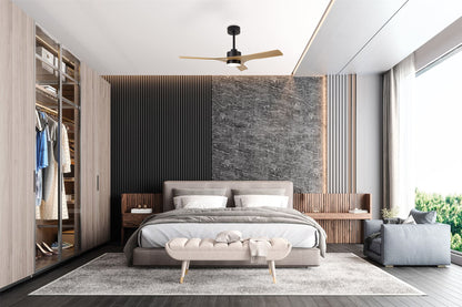 Thai 122cm 30W LED Dimmable Ceiling Light With Built-In 35W DC Fan, 2700-5000K Remote & APP Control, 2400lm, Black/Wood, 5yrs Warranty