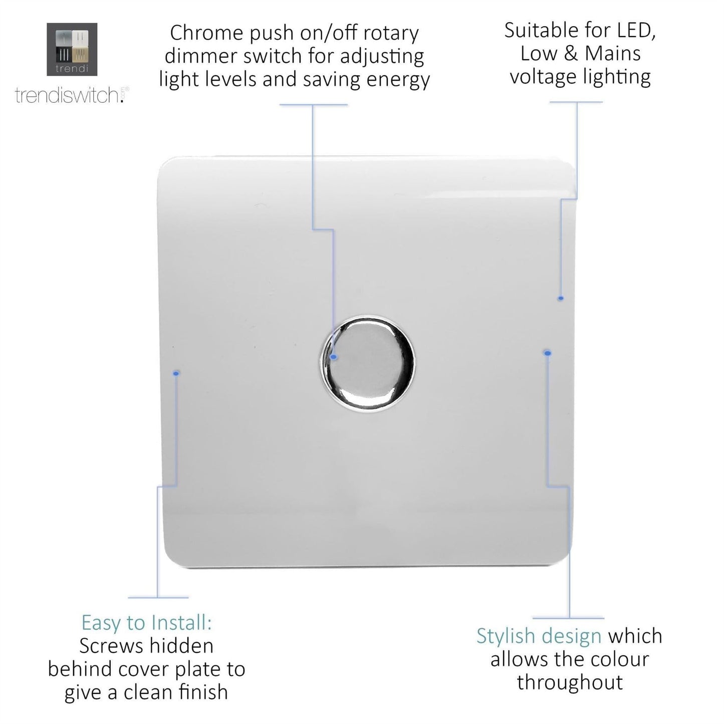 Trendi 1 Gang 2 Way 240V 100w LED Dimmer Screwless Raised Front Plate Plastic Artistic Modern Glossy 10 Amp Chrome Single Electrical Wall Light Switch in Ice White- ART-LDMWH