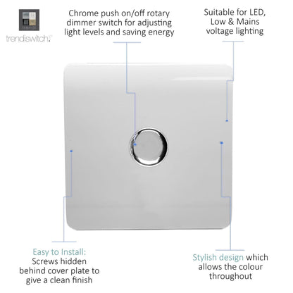 Trendi 1 Gang 2 Way 240V 100w LED Dimmer Screwless Raised Front Plate Plastic Artistic Modern Glossy 10 Amp Chrome Single Electrical Wall Light Switch in Ice White- ART-LDMWH