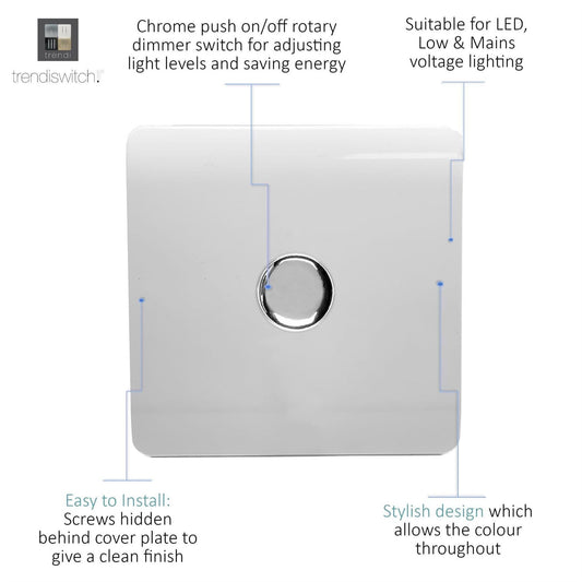 Trendi 1 Gang 2 Way 240V 100w LED Dimmer Screwless Raised Front Plate Plastic Artistic Modern Glossy 10 Amp Chrome Single Electrical Wall Light Switch in Ice White- ART-LDMWH