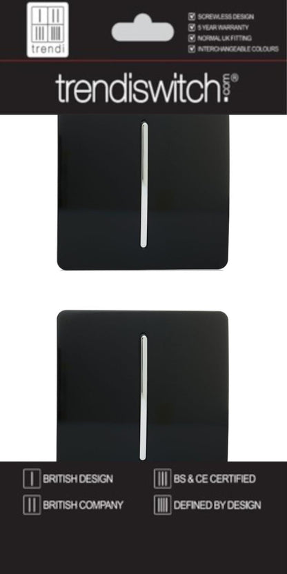 Trendi 1 Gang 2 Way 240V Screwless Artistic Modern Glossy 10 Amp Chrome Rocker Electrical Wall Light Switch in Matt Black (2 pack)