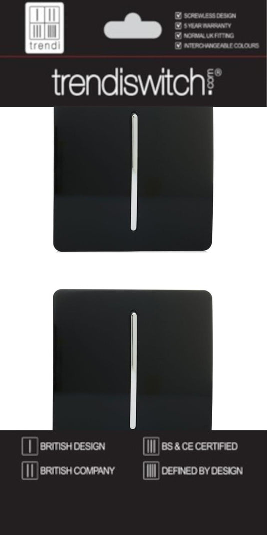 Trendi 1 Gang 2 Way 240V Screwless Artistic Modern Glossy 10 Amp Chrome Rocker Electrical Wall Light Switch in Matt Black (2 pack)