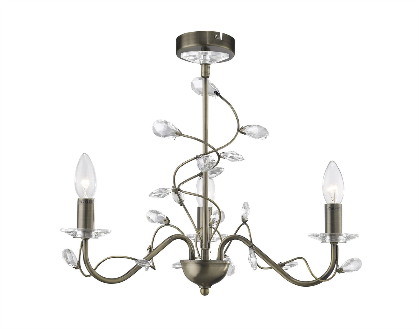 Diyas Willow 50cm  WITHOUT SHADE 3 Light E14 Antique Brass/Crystal Ceiling Pendant Light Fitting