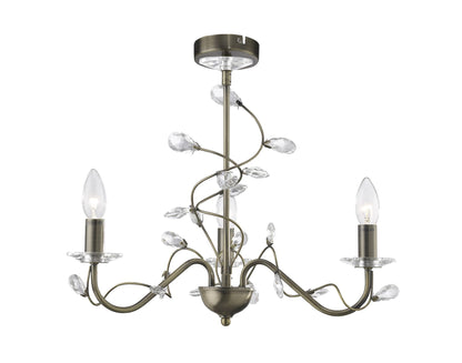Diyas Willow 50cm  WITHOUT SHADE 3 Light E14 Antique Brass/Crystal Ceiling Pendant Light Fitting