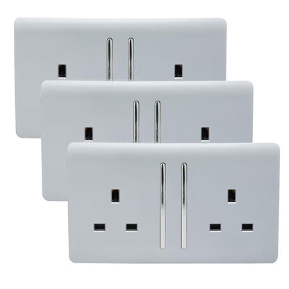 Trendi 2 Gang Artistic Modern Glossy 13 Amp Switched Tactile Plug Socket Silver (3 Pack)
