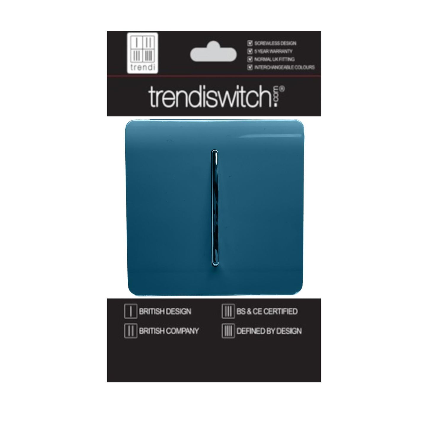 Trendi 1 Gang 2 Way 240V Screwless Artistic Modern Glossy 10 Amp Chrome Rocker Electrical Wall Light Switch in Midnight Blue (5 pack)