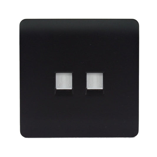 Trendi 2 Gang RJ45 Cat 6 PC Ethernet & Modern Designer Telephone Slave Sockets in Matt Black