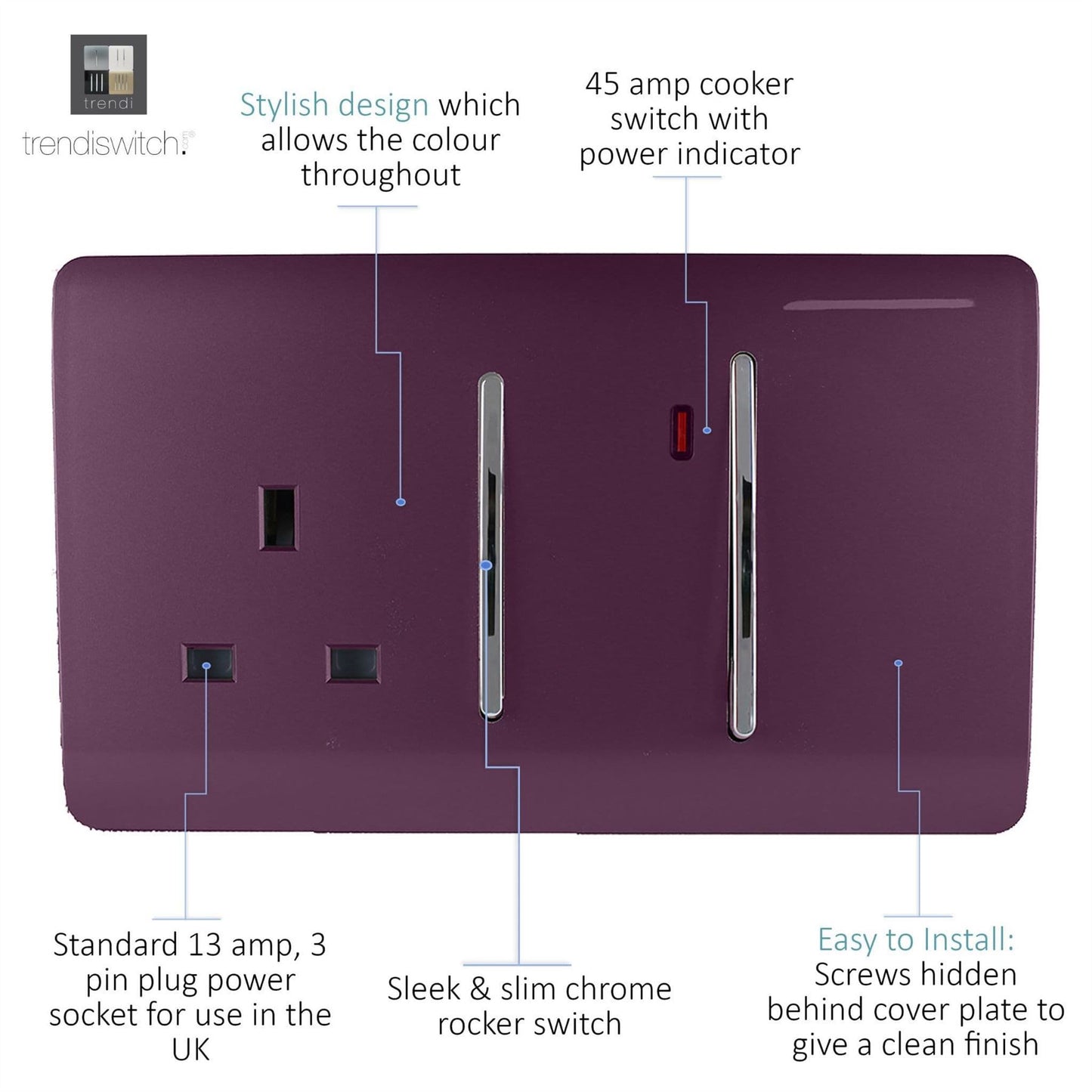 Trendi Artistic Modern Glossy 45 A Cooker Switch & Plug Socket Inc Neon Insert Plum
