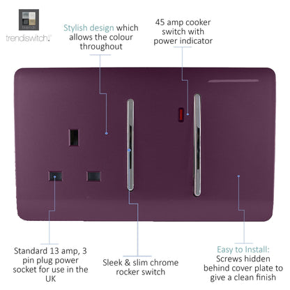 Trendi Artistic Modern Glossy 45 A Cooker Switch & Plug Socket Inc Neon Insert Plum