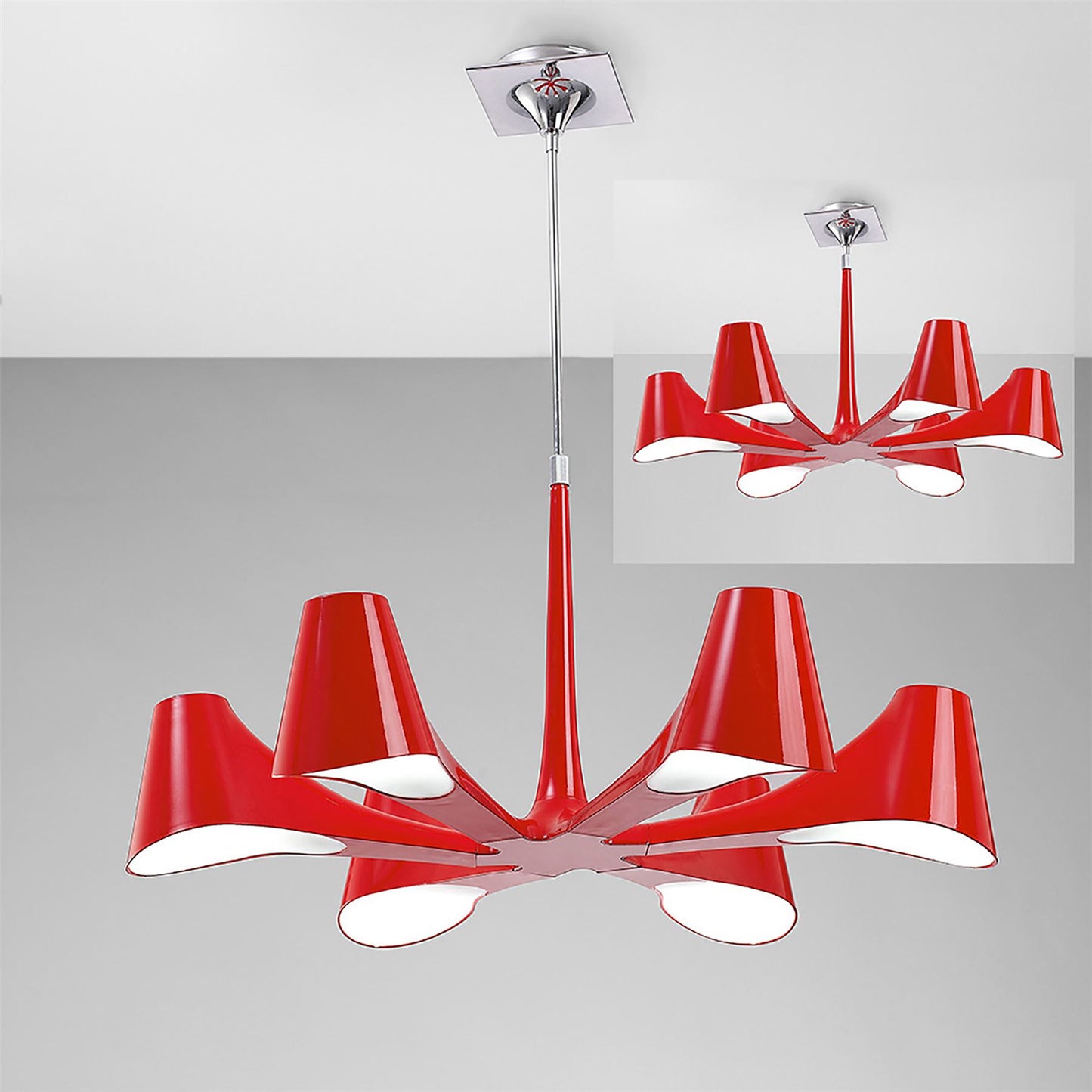 Mantra Ora 77cm Telescopic Convertible To Semi Flush 6 Light E27, Gloss Red/White Acrylic/Polished Chrome, CFL Lamps INCLUDED