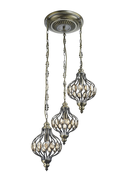 Diyas Marisa Triple  Round 3 Light E27 Antique Brass/Amber Crystal Ceiling Pendant Light Fitting