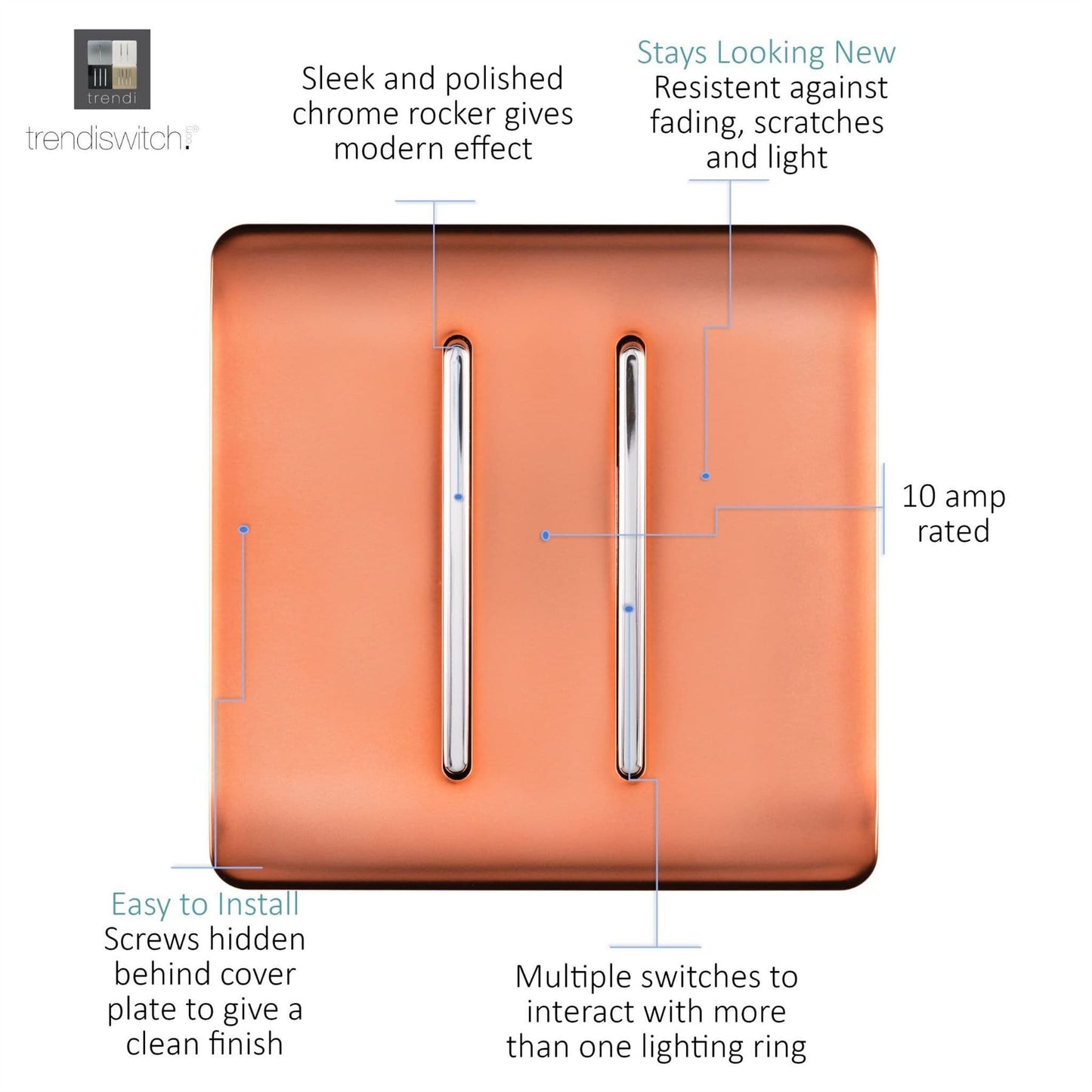 Trendi 2 Gang 2 Way Artistic Modern Glossy 10 Amp Rocker Tactile Light Switch Copper
