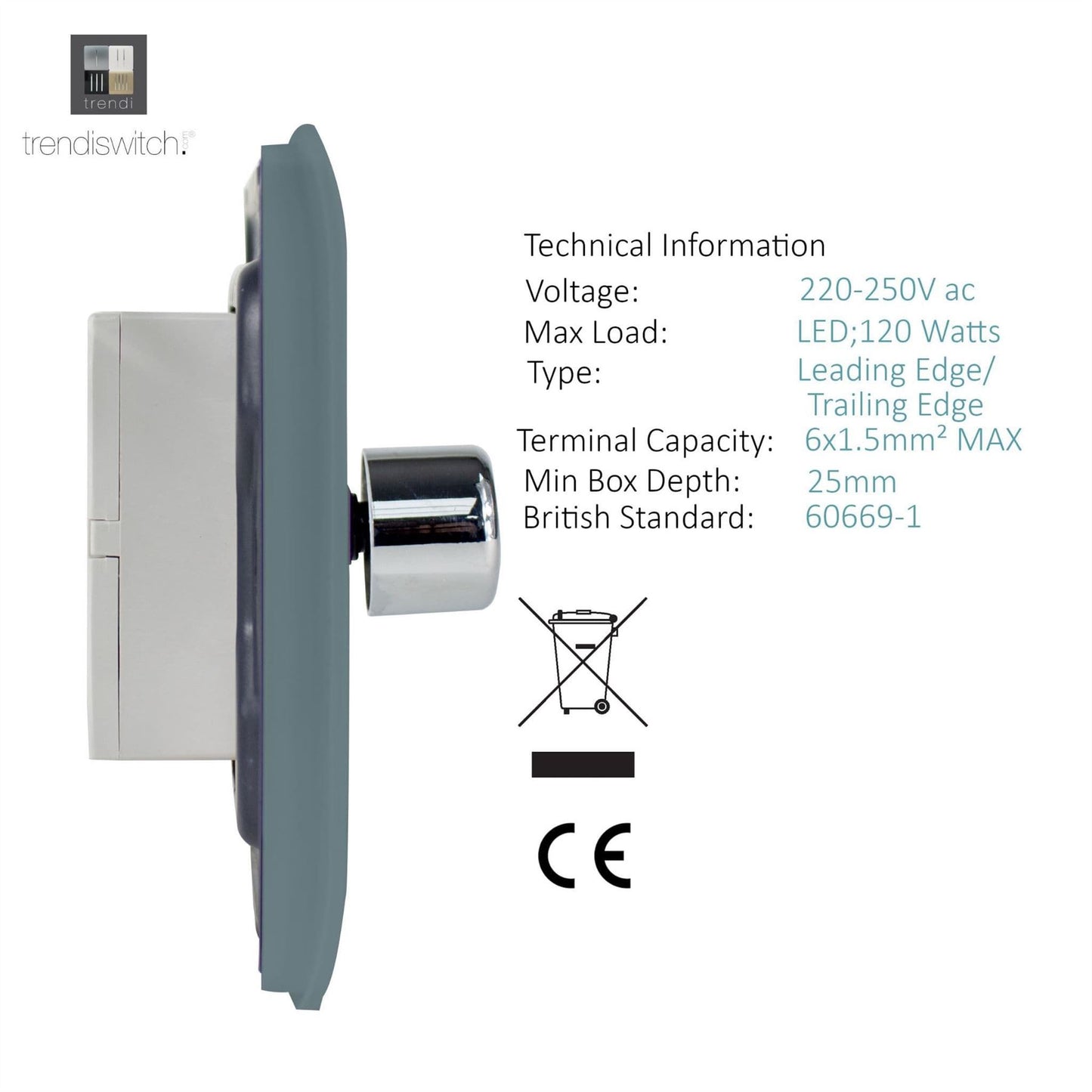 Trendi 1 Gang 2 Way 240V 100w LED Dimmer Screwless Raised Front Plate Plastic Artistic Modern Glossy 10 Amp Chrome Single Electrical Wall Light Switch in Cool Grey - ART-LDMCG