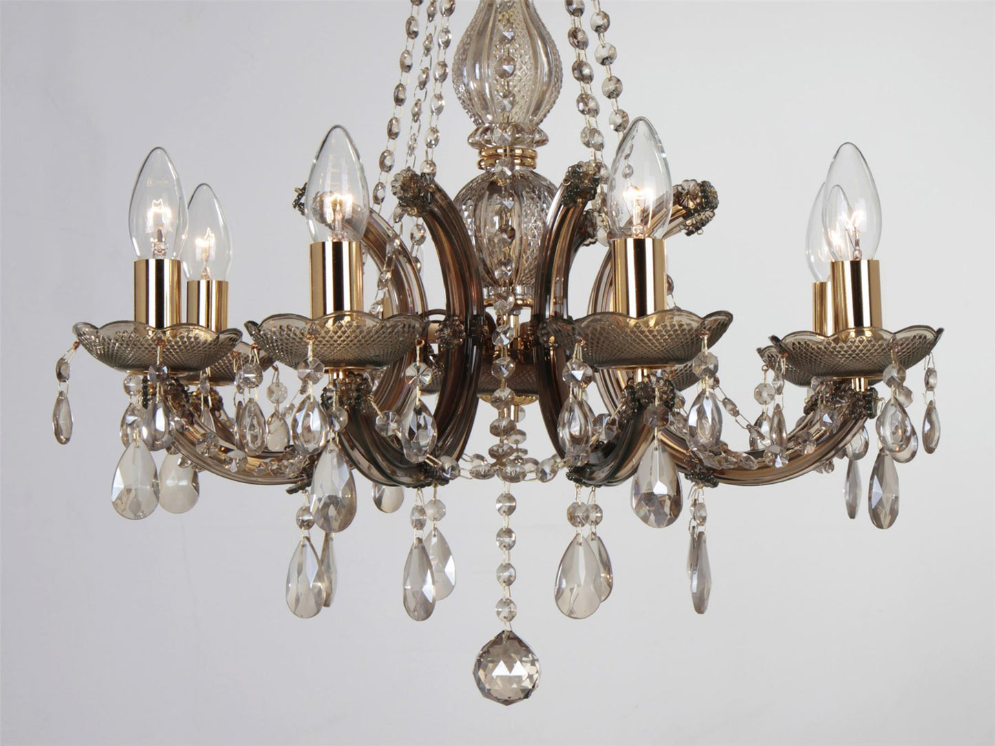 Deco Gabrielle Chandelier with Acrylic Sconce & Glass Droplets 8 Light E14 Mink Finish