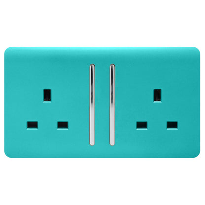 Trendi 2 Gang Artistic Modern Glossy 13 Amp Switched  Plug Socket Bright Teal (3 Pack)