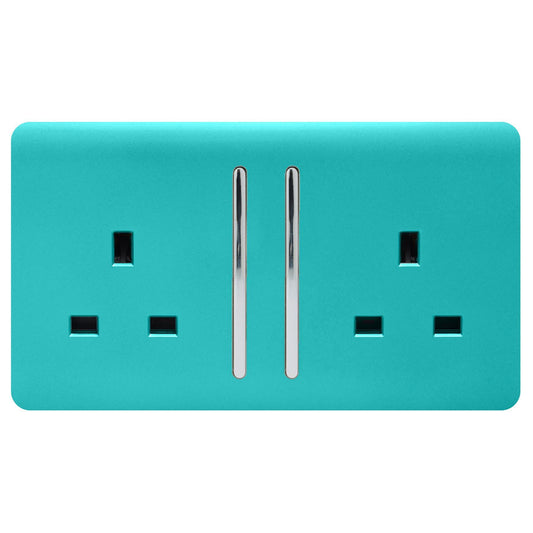Trendi 2 Gang Artistic Modern Glossy 13 Amp Switched  Plug Socket Bright Teal (3 Pack)