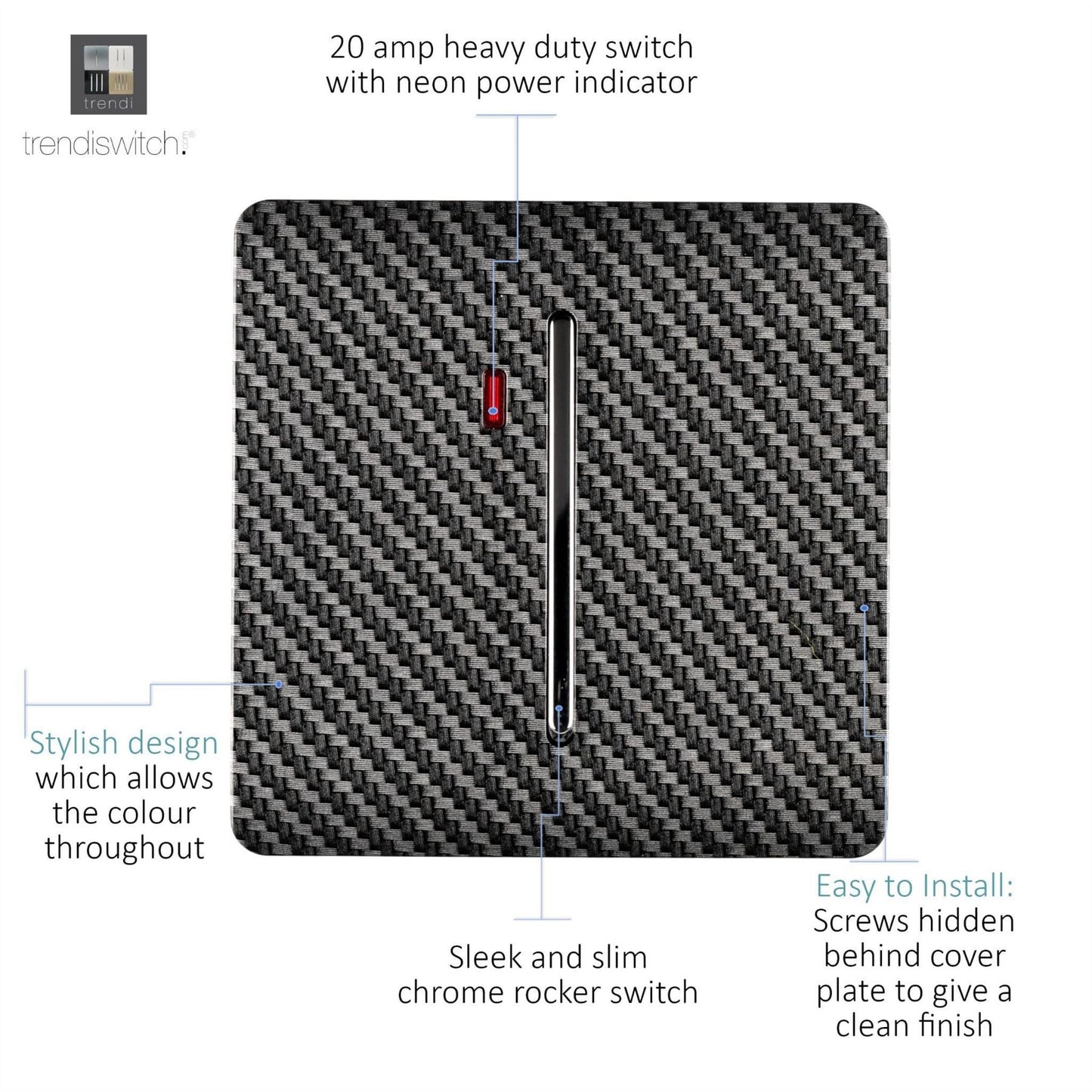 Trendi Switch 1 Gang 20 Amp Modern Designer Heavy Duty Rocker Switch in Carbon Fibre