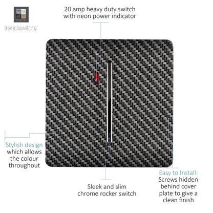 Trendi Switch 1 Gang 20 Amp Modern Designer Heavy Duty Rocker Switch in Carbon Fibre