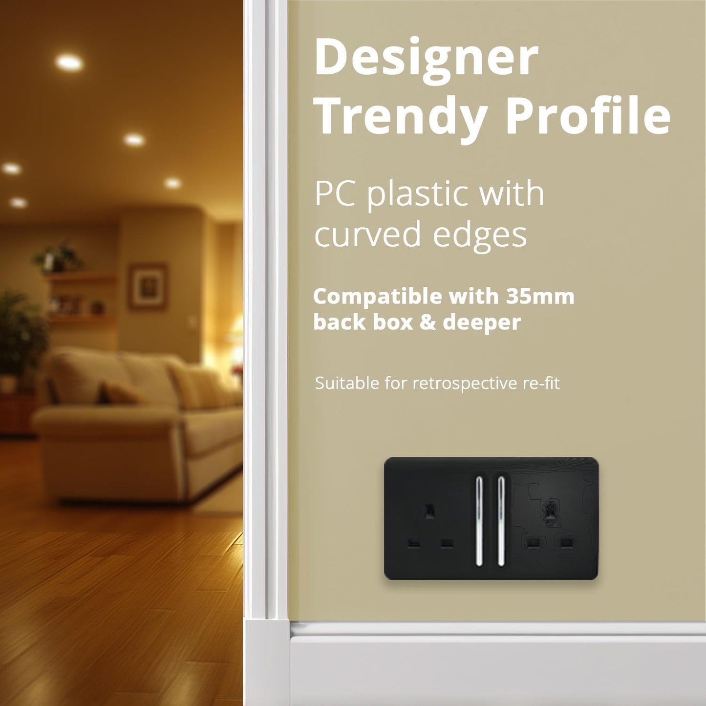 Trendi 2 Gang Artistic Modern Glossy 13 Amp Switched Plug Socket Piano Black (7 Pack)