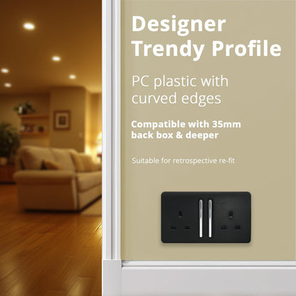 Trendi 2 Gang Artistic Modern Glossy 13 Amp Switched Plug Socket Piano Black (7 Pack)