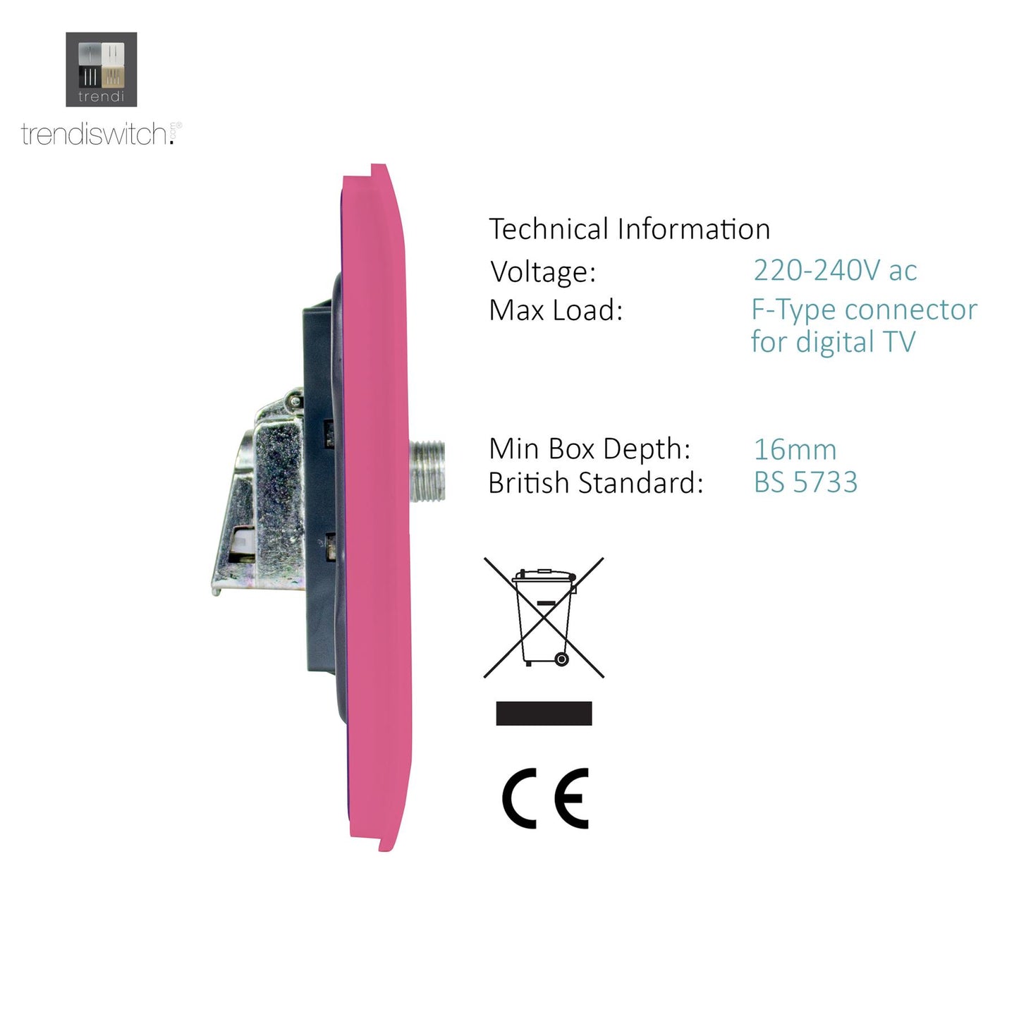 Trendi Switch Candy Pink TV Coaxial & F-Type Satellite Socket - Screwless